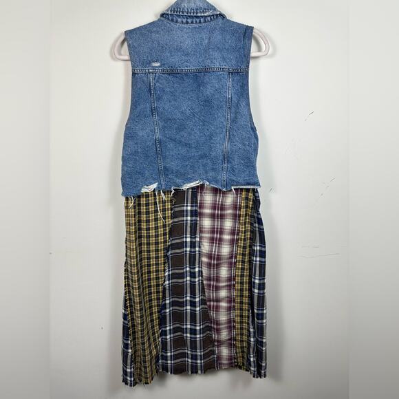 Free People Midi Dress Medium One Of A Kind Denim Mixtape Vest Plaid Front Slit - Picture 3 of 8